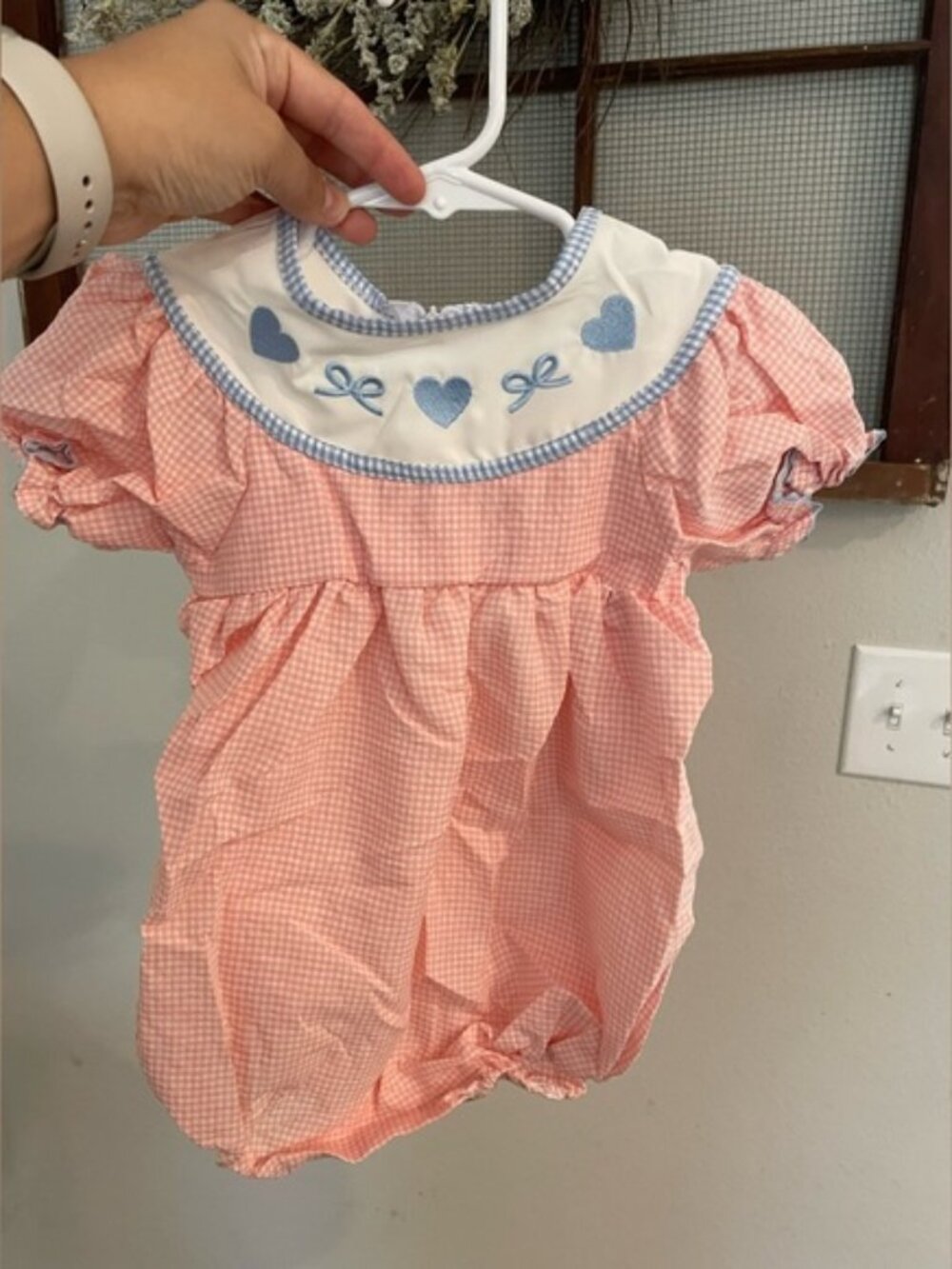 Pink Gingham Baby Bubble Romper with Blue Heart Trim